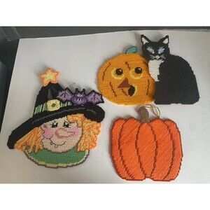 VTG  Halloween Pumpkins Witch  & Cat Wall Hanging Needlepoint Plastic Canvas